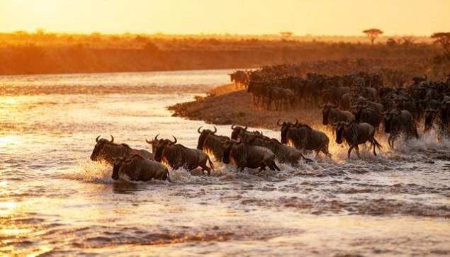 Gnus bei der Überquerung des Mara-Flusses – ein Höhepunkt jeder Safari-Rundreise zwischen Kenia und Tansania