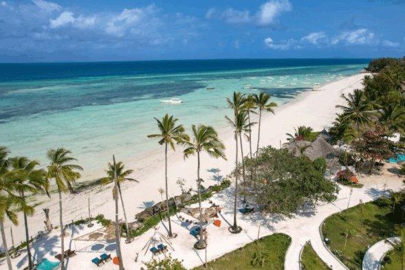 Aerial view of Kendwa Beach in Zanzibar with palm trees and turquoise water