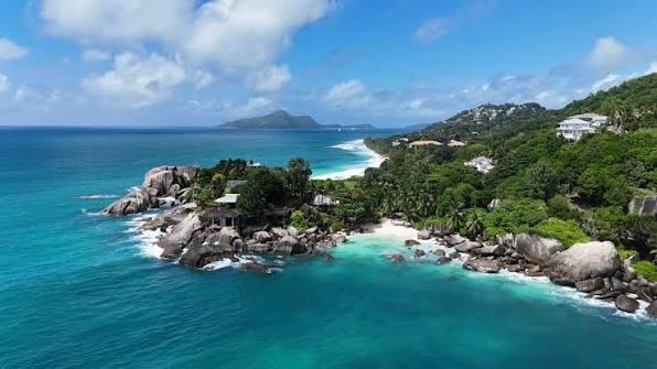 Aerial view of the Mahe coastline in the Seychelles with turquoise bays