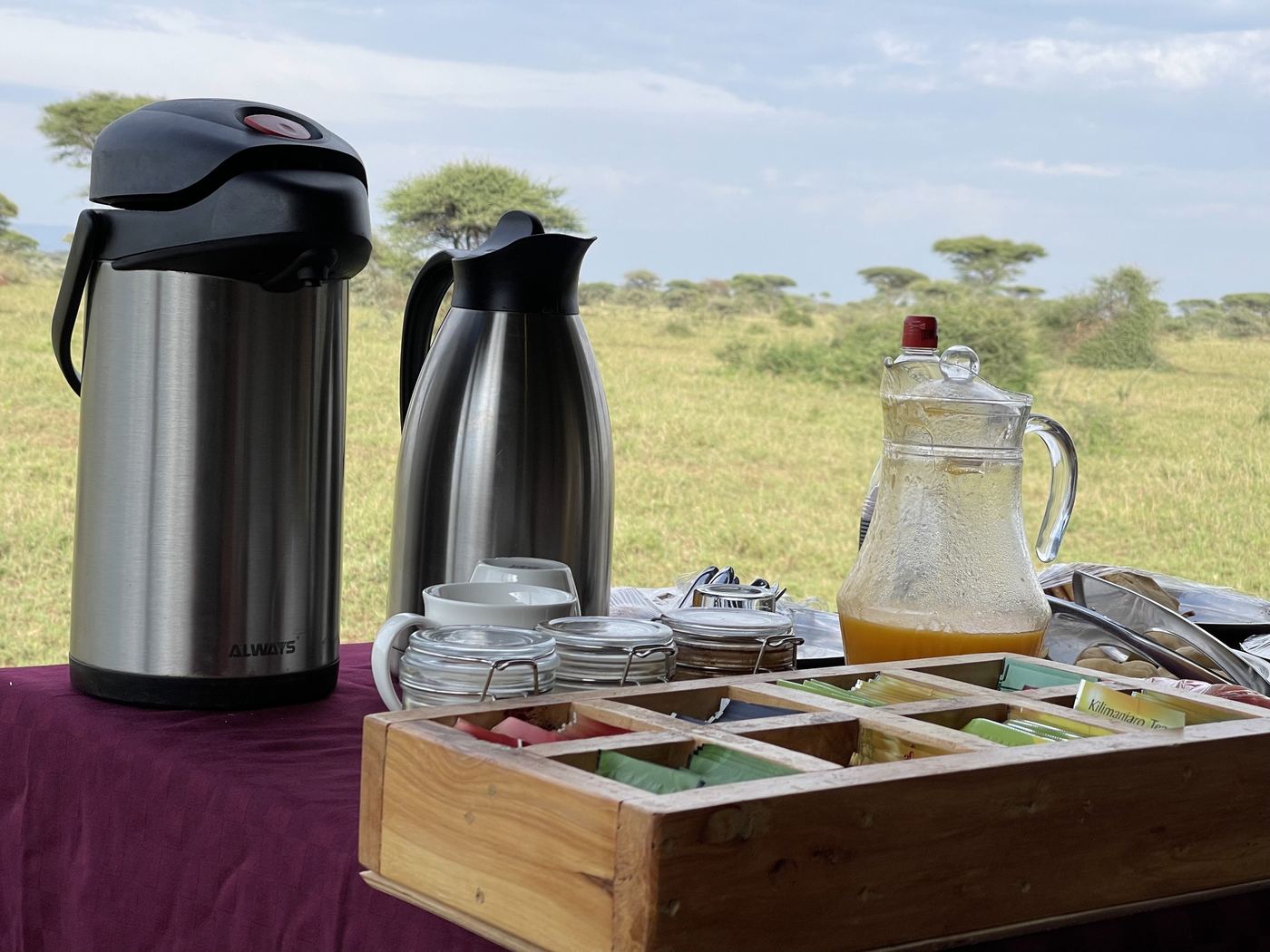 Flasks, a jug of juice and tea and coffee supplies on a safari bush breakfast table