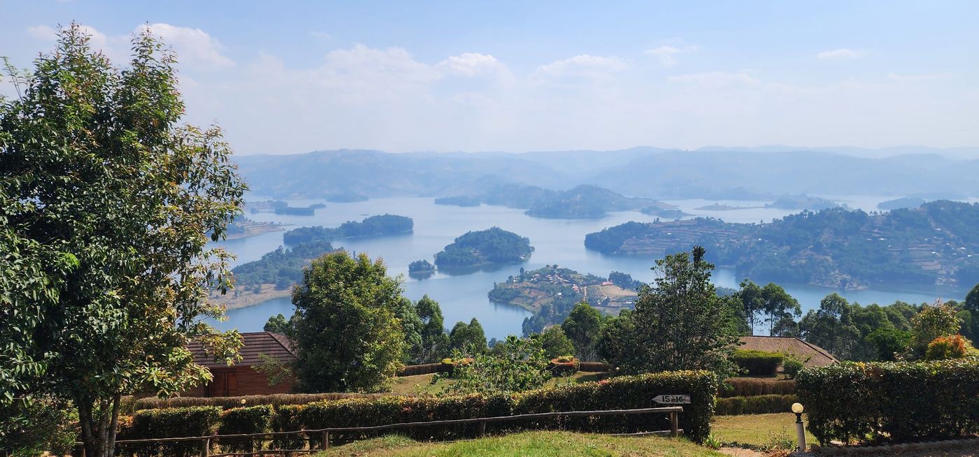 Lake Bunyonyi and its islands seen from a hillside lodge garden