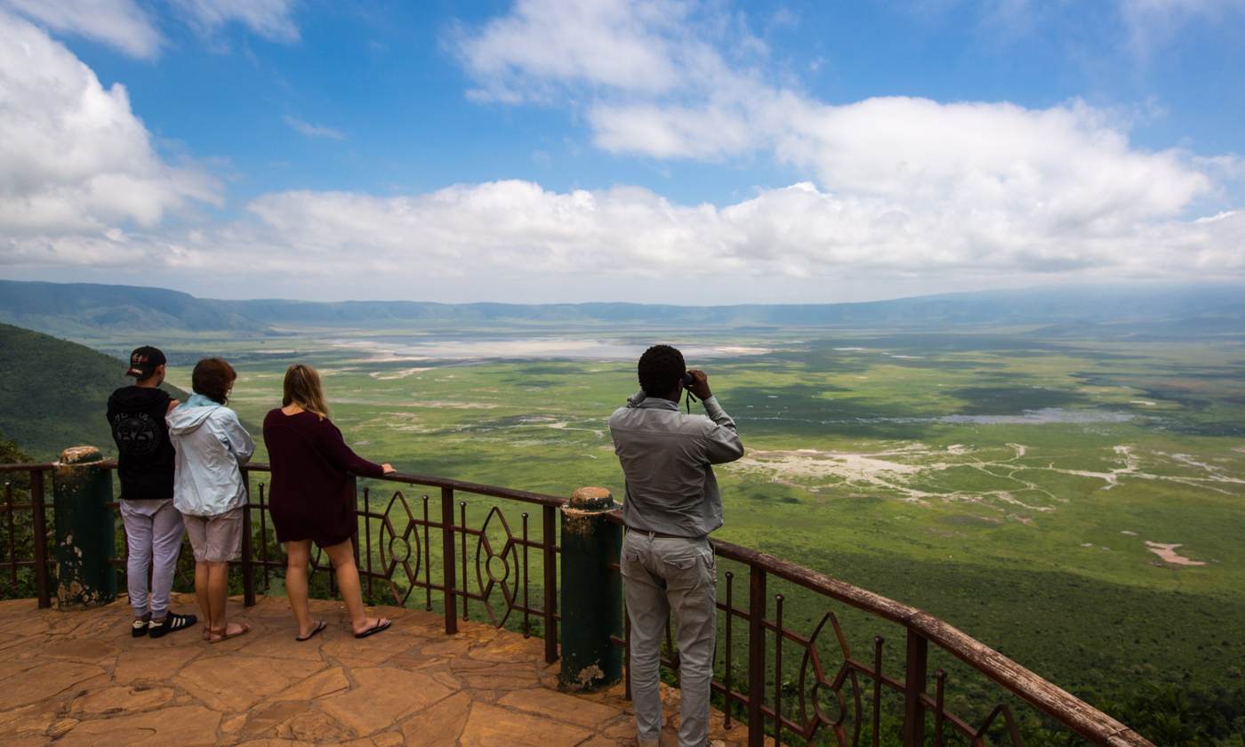 Small group of travellers at a lookout over a green valley